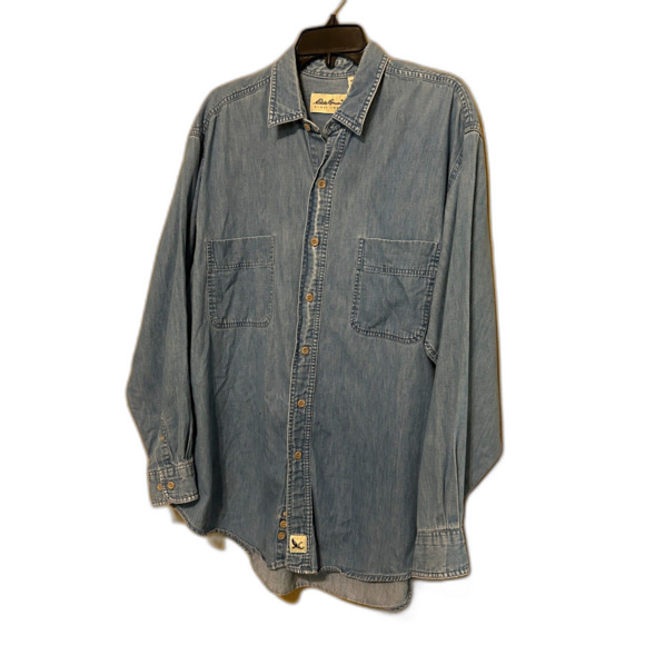 VTG Eddie Bauer Button Up Denim Shirt Mens Large Lightwash Soft Blue Denim - Picture 3 of 5